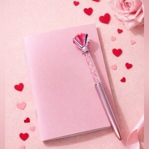 Pink Mini Notebook Journal with Crystal Gem Pen Cute Desk Stationery Set